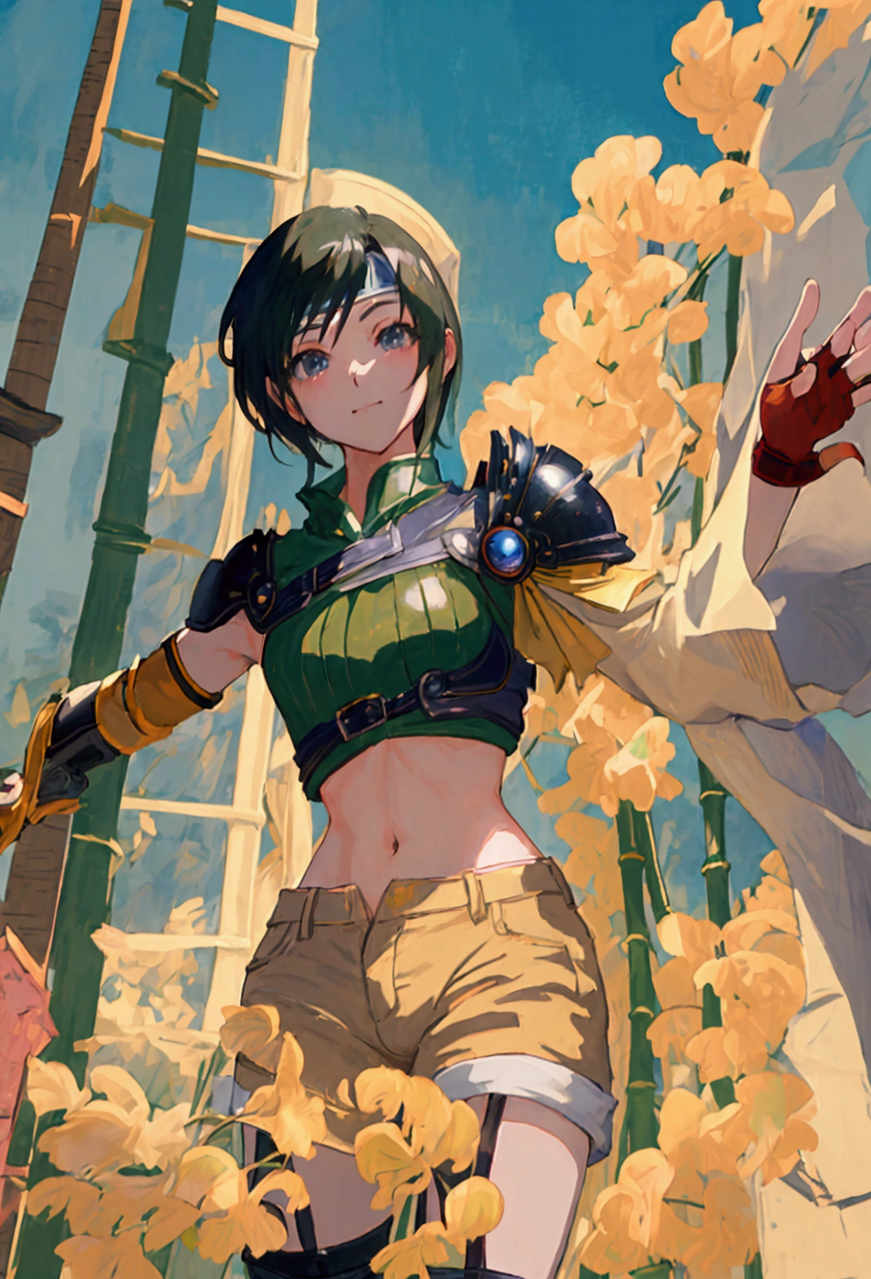 (((masterpiece))),((Highest quality、masterpiece、anime style、best quality、high resolution、8k、detailed、ultra-detailed:1.3)),Beautiful woman,yuffie kisaragi, headband, green crop top, shoulder armor, armguard, fingerless gloves, tan shorts, single thighhigh, fishnets, upper body, looking at viewer, furrowed brow, smug smile, closed mouth, grass, bamboo, sky,