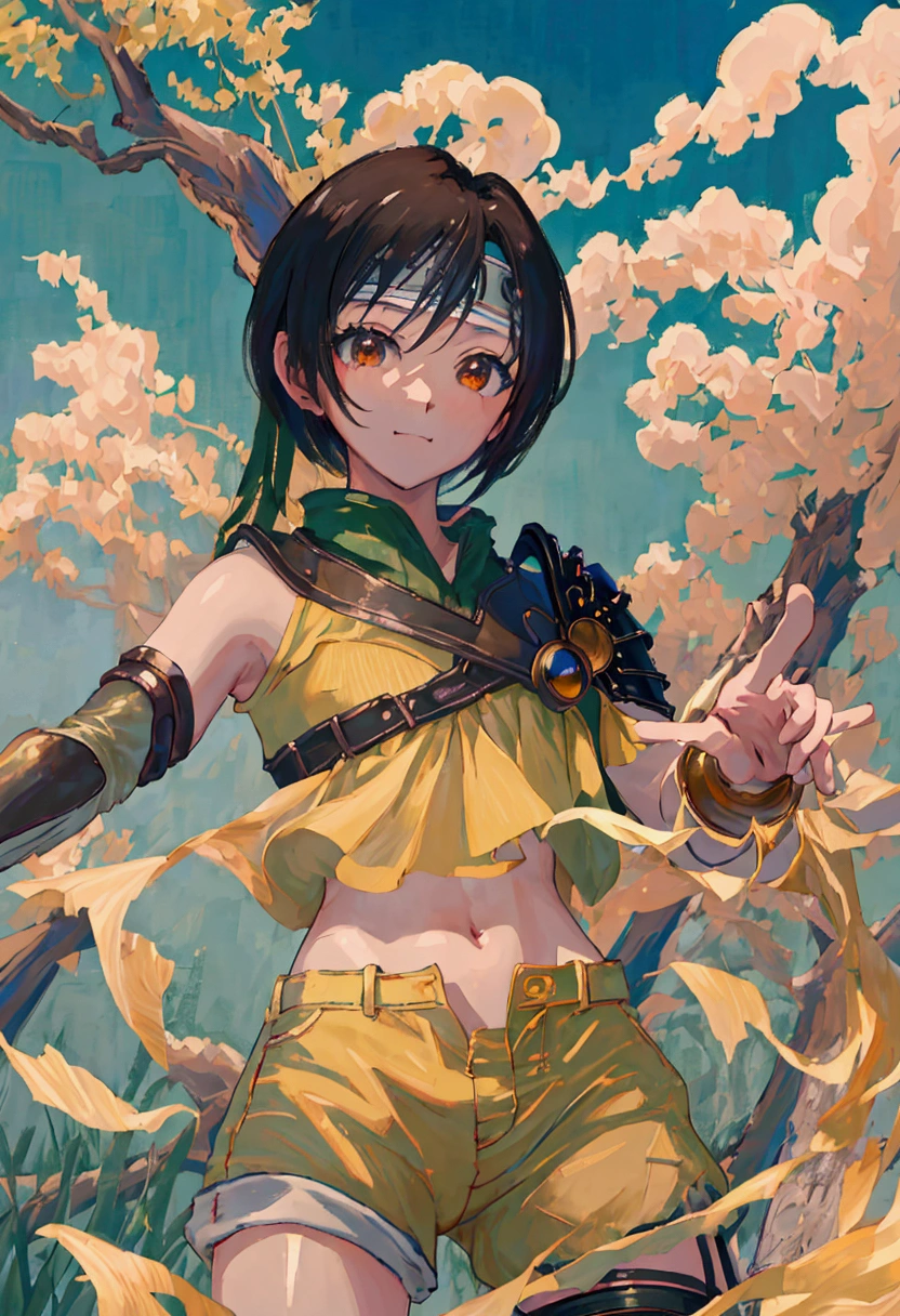 (((masterpiece))),((Highest quality、masterpiece、anime style、best quality、high resolution、8k、detailed、ultra-detailed:1.3)),Beautiful woman,yuffie kisaragi, headband, green crop top, shoulder armor, armguard, fingerless gloves, tan shorts, single thighhigh, fishnets, upper body, looking at viewer, furrowed brow, smug smile, closed mouth, grass, bamboo, sky,