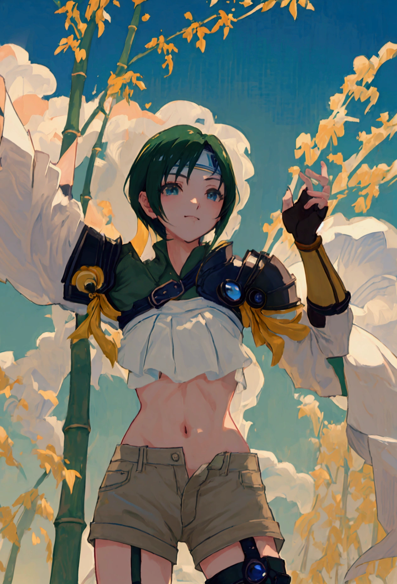 (((masterpiece))),((Highest quality、masterpiece、anime style、best quality、high resolution、8k、detailed、ultra-detailed:1.3)),Beautiful woman,yuffie kisaragi, headband, green crop top, shoulder armor, armguard, fingerless gloves, tan shorts, single thighhigh, fishnets, upper body, looking at viewer, furrowed brow, smug smile, closed mouth, grass, bamboo, sky,