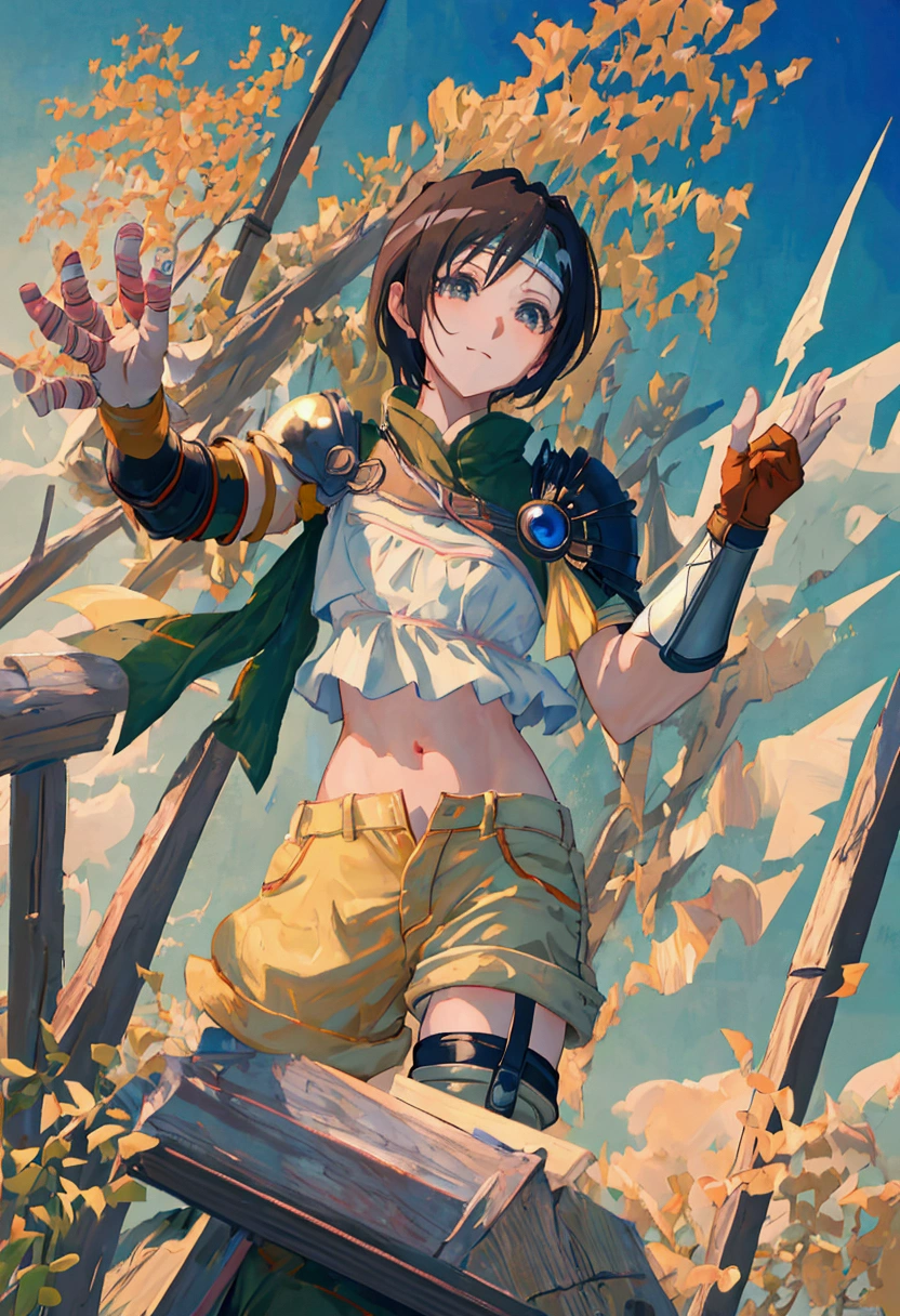 (((masterpiece))),((Highest quality、masterpiece、anime style、best quality、high resolution、8k、detailed、ultra-detailed:1.3)),Beautiful woman,yuffie kisaragi, headband, green crop top, shoulder armor, armguard, fingerless gloves, tan shorts, single thighhigh, fishnets, upper body, looking at viewer, furrowed brow, smug smile, closed mouth, grass, bamboo, sky,