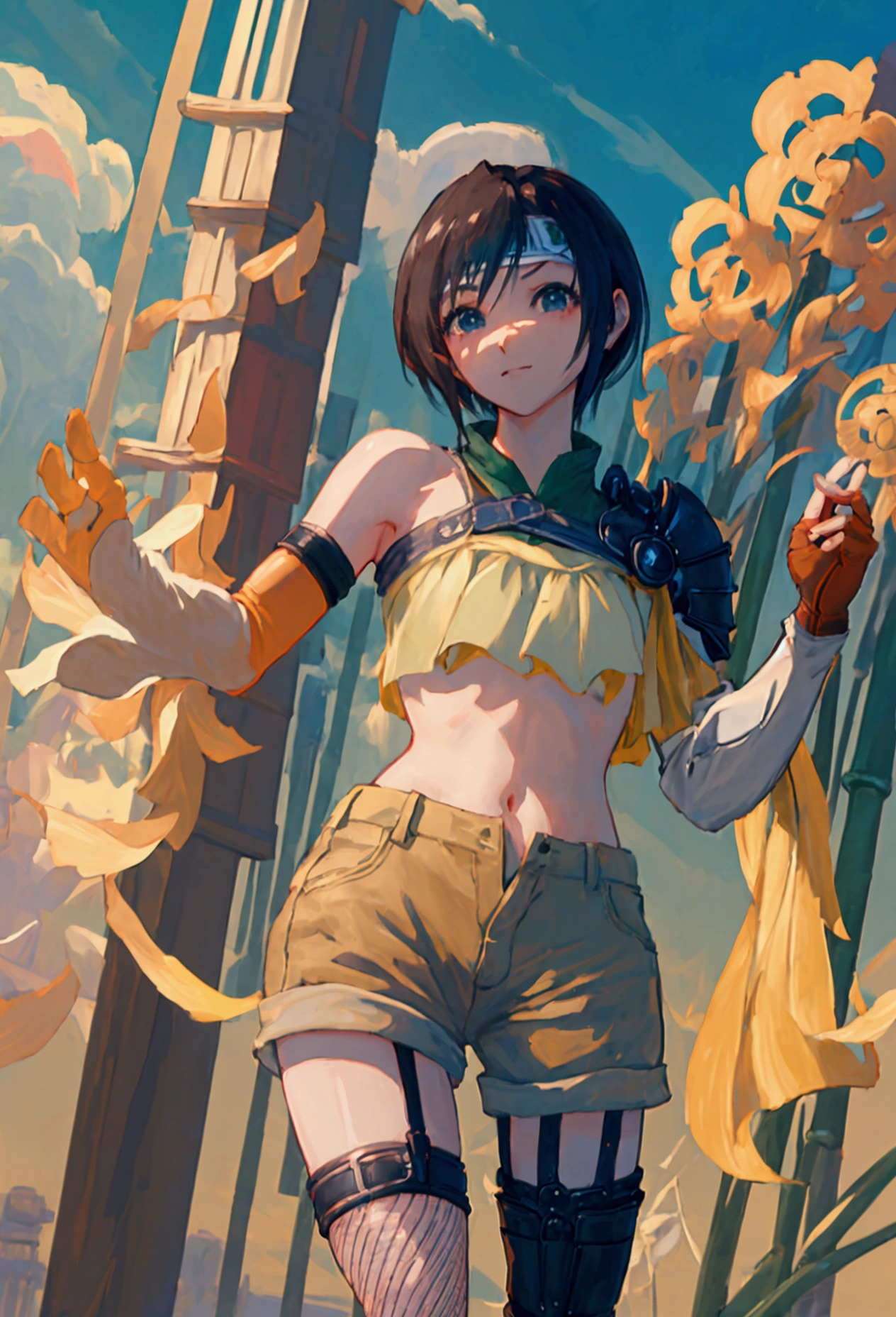 (((masterpiece))),((Highest quality、masterpiece、anime style、best quality、high resolution、8k、detailed、ultra-detailed:1.3)),Beautiful woman,yuffie kisaragi, headband, green crop top, shoulder armor, armguard, fingerless gloves, tan shorts, single thighhigh, fishnets, upper body, looking at viewer, furrowed brow, smug smile, closed mouth, grass, bamboo, sky,sexy pose