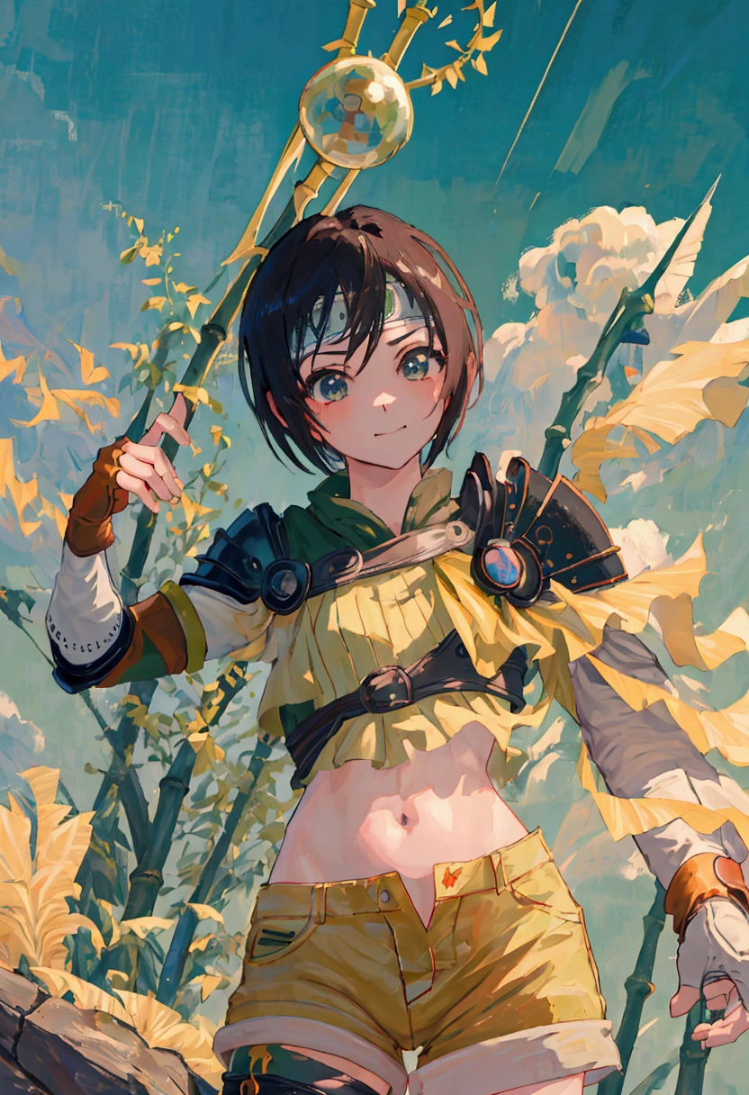 (((masterpiece))),((Highest quality、masterpiece、anime style、best quality、high resolution、8k、detailed、ultra-detailed:1.3)),Beautiful woman,yuffie kisaragi, headband, green crop top, shoulder armor, armguard, fingerless gloves, tan shorts, single thighhigh, fishnets, upper body, looking at viewer, furrowed brow, smug smile, closed mouth, grass, bamboo, sky,sexy pose