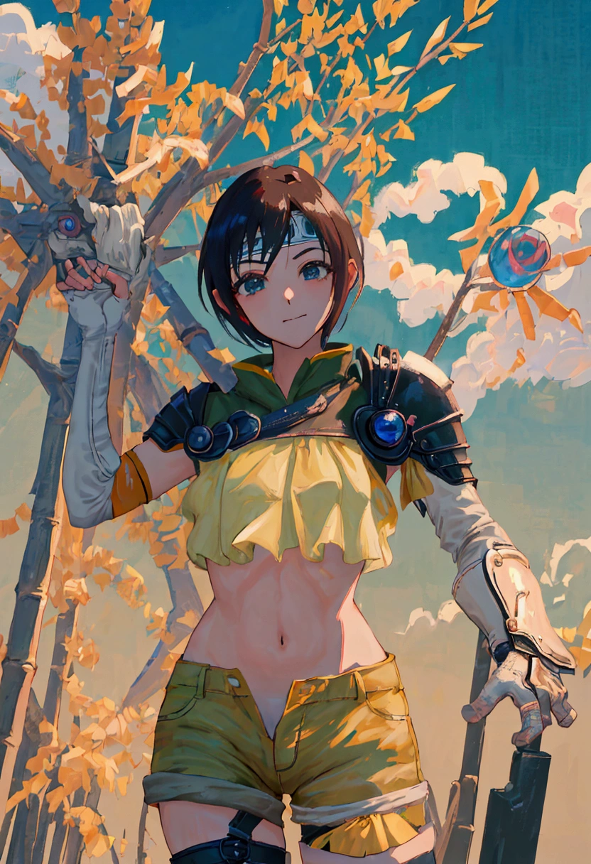 (((masterpiece))),((Highest quality、masterpiece、anime style、best quality、high resolution、8k、detailed、ultra-detailed:1.3)),Beautiful woman,yuffie kisaragi, headband, green crop top, shoulder armor, armguard, fingerless gloves, tan shorts, single thighhigh, fishnets, upper body, looking at viewer, furrowed brow, smug smile, closed mouth, grass, bamboo, sky,sexy pose