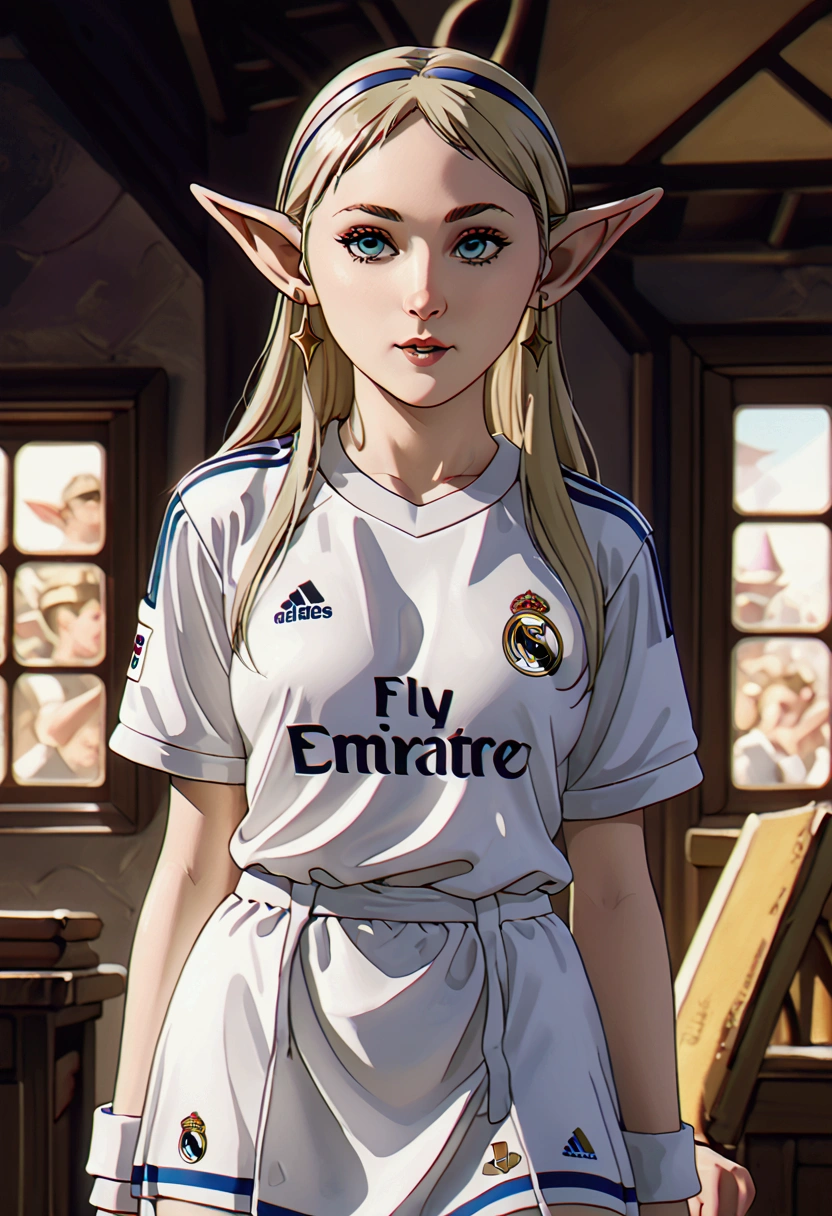 (best quality, Artwork),sexually,  erotic, 18+, NSFW, 1 girl, 1 , dressed in the Real Madrid shirt, elf ear , 4k image quality 