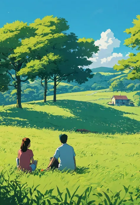 draw a simple tintin style art of a detailed 8k young couple sitting in a field, shadows anime nature, anime nature wallpaper, a...