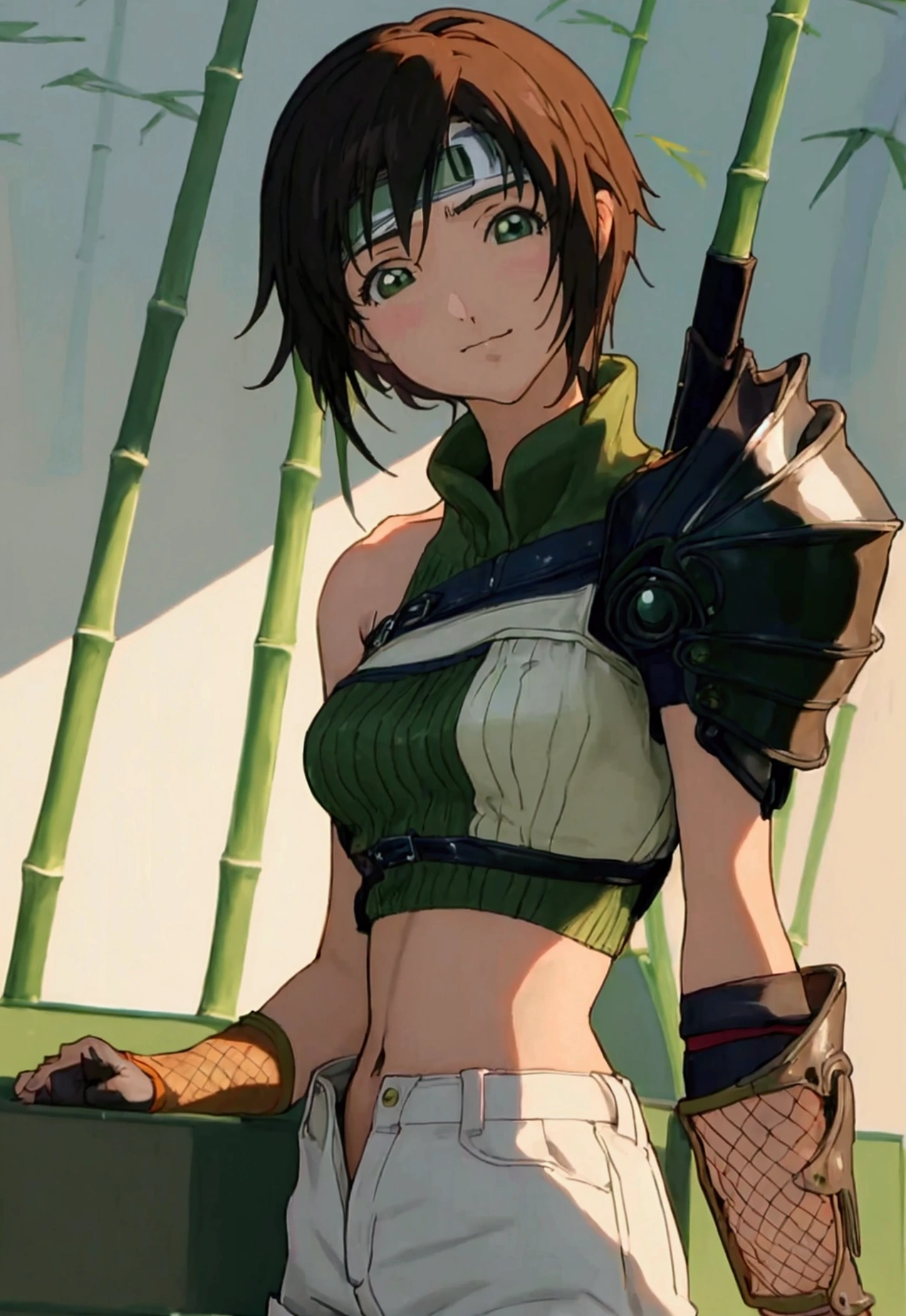 (((masterpiece))),((Highest quality、masterpiece、anime style、best quality、high resolution、8k、detailed、ultra-detailed:1.3)),Beautiful woman,yuffie kisaragi, headband, green crop top, shoulder armor, armguard, fingerless gloves, tan shorts, single thighhigh, fishnets, upper body, looking at viewer, furrowed brow, smug smile, closed mouth, grass, bamboo, sky,sexy pose