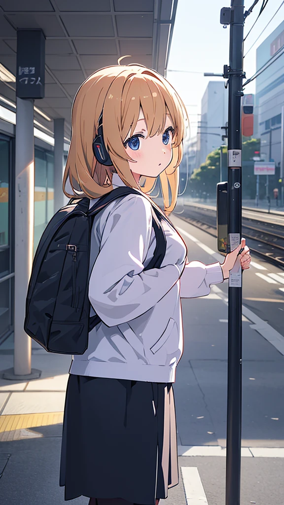 ((best quality)), ((masterpiece)), (detailed), Anime girl standing at subway station with backpack and headphones、Tokyo Anime Scene、The mysterious style、True Mystery Style、4k anime wallpaper、（（It&#39;s really strange））、anime photography、Anime Style 4k、Beautiful anime artwork、The style of the true mystery、Nostalgic melancholy artwork、Lofty Girl