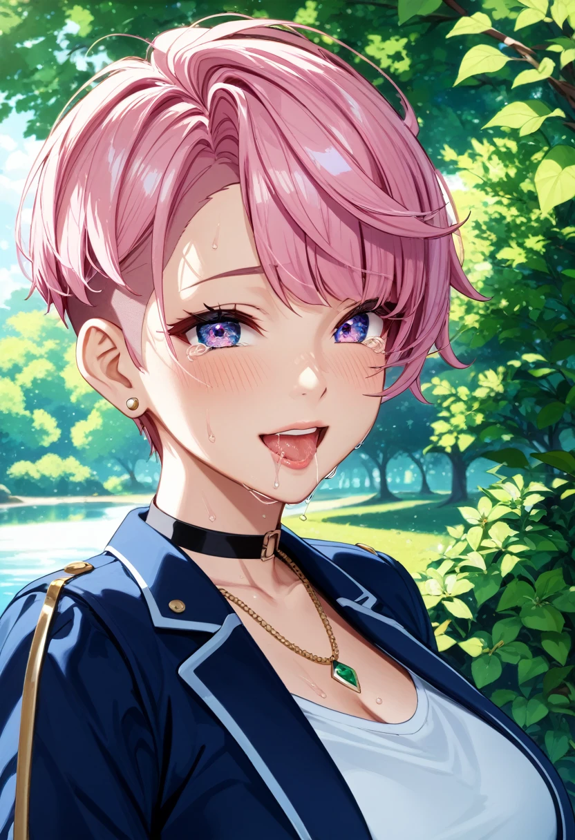 (Highest quality, 4K, 8k, High resolution, masterpiece:1.2), Very detailed, Picturesque, Anime style photo, Photo Anime:1.37)、a beautiful japanese girl、gyaru、pink hair、pixie cut、black choker、pierce、necklace、bracelet、ecstasy face、orgasm face、trembling、vapor、sweat、saliva、crying