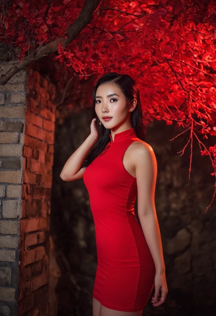 there is a woman in a red dress posing for a picture, gorgeous chinese model, sexy dress, red and black, very sexy outfit, in red and black, glowing red, gorgeous young korean woman, sexy red dress, black and red, tight attire, succubus in tight short dress, wearing a red cheongsam, tight dress, red, sexy look