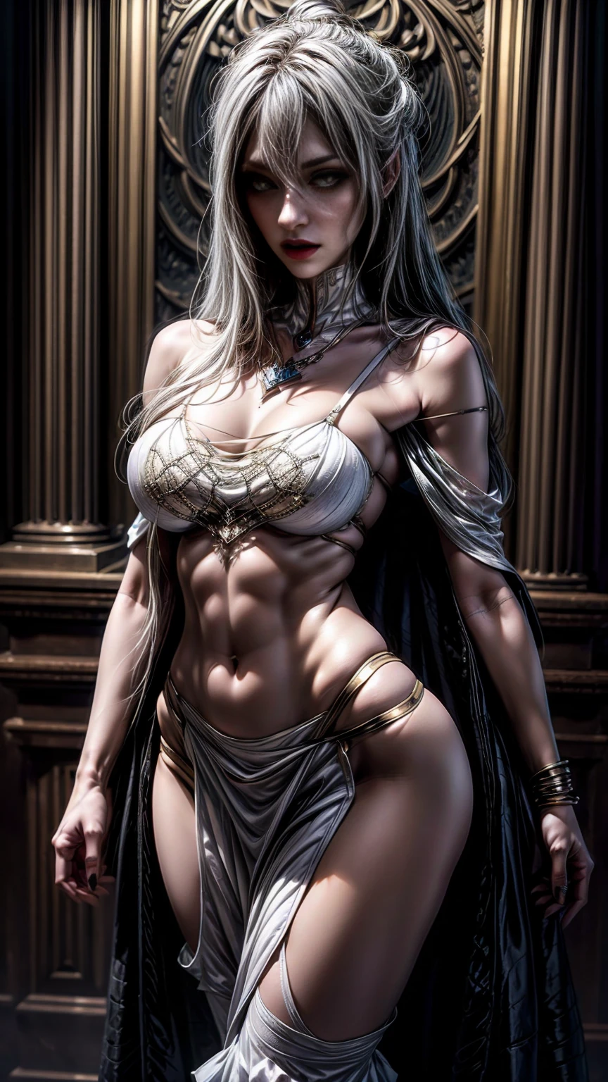 Gothic style photorealistic, 1girl, (Unreal tattoo), long hair, witch hair, solo, navel, detailed eyes, jewelry, bracelet, choker, small breasts, looking at viewer, realistic, necklace, (((white clothing))), short mini skirt, bare shoulders, thigh highs, mesh cape, Dark, mysterious, haunting, dramatic, ornate, detailed,