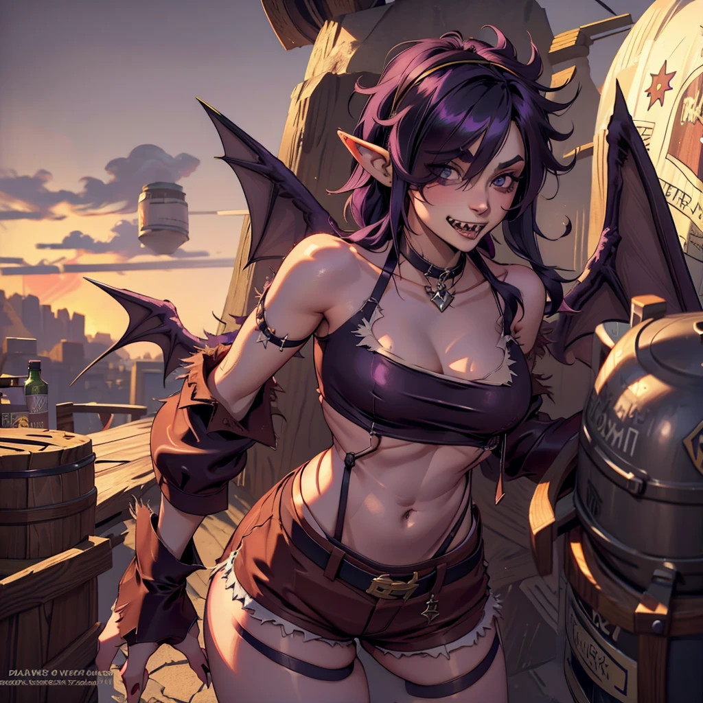 Rosto detalhado, long hair, 8k, hd, hdr, colettetrixie, hair over one eye, hairband, purple shorts, BriarLoL, short hair, (pointy ears, sharp teeth),morrigan aensland