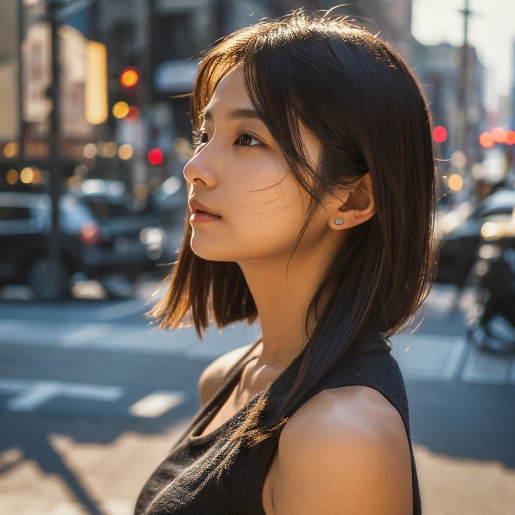 A hyper-realistic image of a single Japanese woman in her early 20s, captured from the shoulders up with the nostalgic warmth and subtle graininess of a film camera. She stands against the backdrop of a bustling city street, where soft, diffused natural light filters through buildings, casting intricate patterns of light and shadow across her face and shoulders. Her skin has a warm beige tone with a textured, realistic appearance, showing visible pores, fine lines, and natural imperfections like slight unevenness and small blemishes, adding to the authenticity of her appearance. Her straight, glossy black hair is slightly tousled, falling naturally around her shoulders, with strands catching the light. Her deep brown eyes reflect the ambient city lights, adding depth and emotion, while areas of her face are gently shadowed, highlighting the natural contours of her cheeks and jawline. The film camera effect introduces a slight grain and a softer focus, blending her figure into the warm, nostalgic urban atmosphere while maintaining the realistic texture of her skin. She is wearing a light, sleeveless summer top, with bare shoulders that subtly catch the natural light, emphasizing the season's warmth and her understated elegance. The interplay of light and shadow on her face and shoulders creates a dynamic, lifelike effect, making the image feel both authentic and captivating.