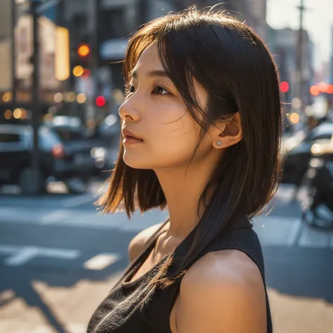 a hyper-realistic image of a single japanese woman in her early 20s, captured from the shoulders up with the nostalgic warmth an...