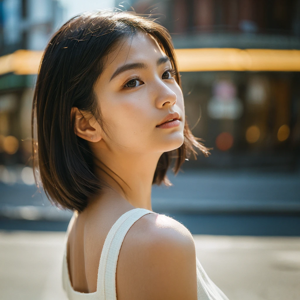 A hyper-realistic image of a single Japanese woman in her early 20s, captured from the shoulders up with the nostalgic warmth and subtle graininess of a film camera. She stands against the backdrop of a bustling city street, where soft, diffused natural light filters through buildings, casting intricate patterns of light and shadow across her face and shoulders. Her skin has a warm beige tone with a textured, realistic appearance, showing visible pores, fine lines, and natural imperfections like slight unevenness and small blemishes, adding to the authenticity of her appearance. Her straight, glossy black hair is slightly tousled, falling naturally around her shoulders, with strands catching the light. Her deep brown eyes reflect the ambient city lights, adding depth and emotion, while areas of her face are gently shadowed, highlighting the natural contours of her cheeks and jawline. The film camera effect introduces a slight grain and a softer focus, blending her figure into the warm, nostalgic urban atmosphere while maintaining the realistic texture of her skin. She is wearing a light, sleeveless summer top, with bare shoulders that subtly catch the natural light, emphasizing the season's warmth and her understated elegance. The interplay of light and shadow on her face and shoulders creates a dynamic, lifelike effect, making the image feel both authentic and captivating.