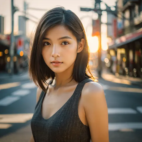 a hyper-realistic image of a single japanese woman in her early 20s, captured from the shoulders up with the nostalgic warmth an...