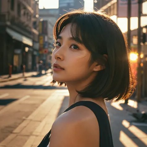 a hyper-realistic image of a single japanese woman in her early 20s, captured from the shoulders up with the nostalgic warmth an...