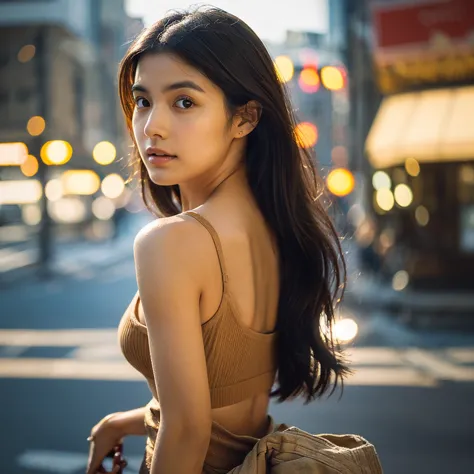 a hyper-realistic image of a single japanese woman in her early 20s, captured from the shoulders up with the nostalgic warmth an...