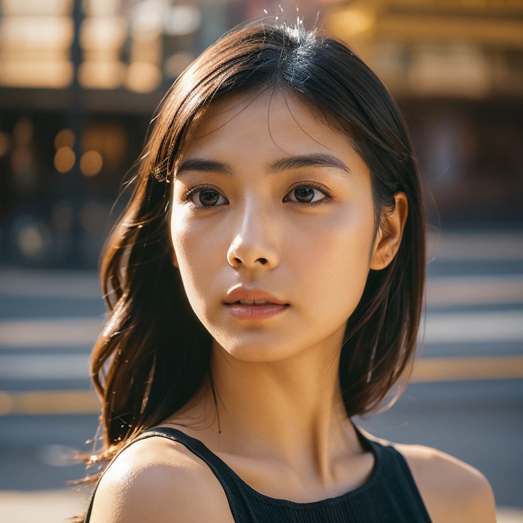 A hyper-realistic image of a single Japanese woman in her early 20s, captured from the shoulders up with the nostalgic warmth and subtle graininess of a film camera. She stands against the backdrop of a bustling city street, where soft, diffused natural light filters through buildings, casting intricate patterns of light and shadow across her face and shoulders. Her skin has a warm beige tone with a textured, realistic appearance, showing visible pores, fine lines, and natural imperfections like slight unevenness and small blemishes, adding to the authenticity of her appearance. Her straight, glossy black hair is slightly tousled, falling naturally around her shoulders, with strands catching the light. Her deep brown eyes reflect the ambient city lights, adding depth and emotion, while areas of her face are gently shadowed, highlighting the natural contours of her cheeks and jawline. The film camera effect introduces a slight grain and a softer focus, blending her figure into the warm, nostalgic urban atmosphere while maintaining the realistic texture of her skin. She is wearing a light, sleeveless summer top, with bare shoulders that subtly catch the natural light, emphasizing the season's warmth and her understated elegance. The interplay of light and shadow on her face and shoulders creates a dynamic, lifelike effect, making the image feel both authentic and captivating.