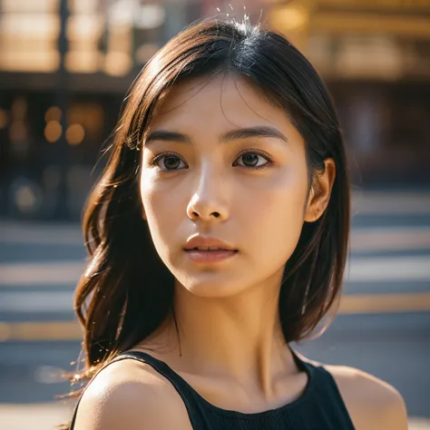 a hyper-realistic image of a single japanese woman in her early 20s, captured from the shoulders up with the nostalgic warmth an...