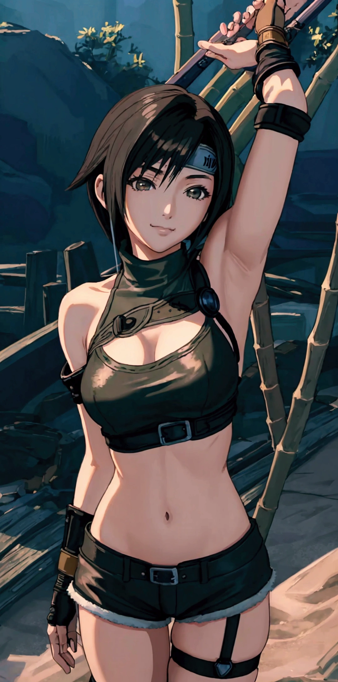 (((masterpiece))),((Highest quality、masterpiece、anime style、best quality、high resolution、8k、detailed、ultra-detailed:1.3)),Beautiful woman,((yuffie kisaragi,Black Hair、Shortcuts:1.3)), headband, green crop top, shoulder armor, armguard, fingerless gloves, tan shorts, single thighhigh, fishnets, upper body, looking at viewer, furrowed brow, smug smile, closed mouth, grass, bamboo, sky,sexy pose