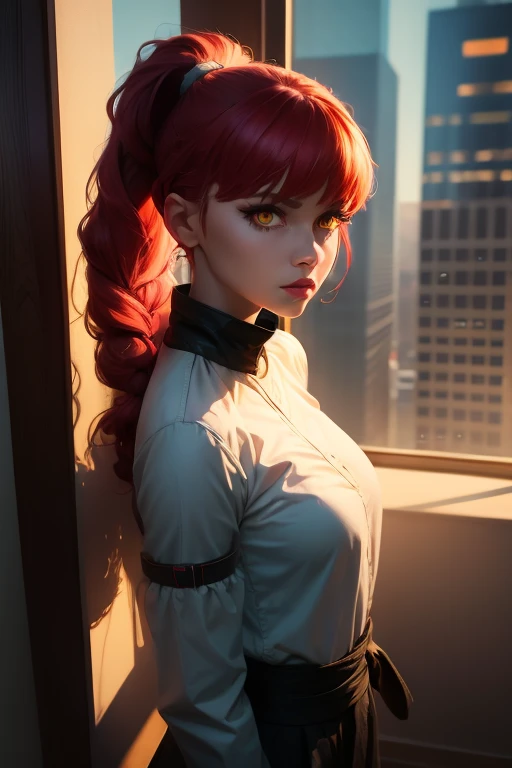 absurderes, [perfect shadows, work of art, mindful, high qualiy, detailded, extremely detailded, 4K, High definition, intrikate, cinematic, 8k, ultra quality, 8k hd,offcial art, illustration, 1 girl, aged up_High above, standing alone, looking ahead at viewer, training, Red hair, braided ponytail, yellow eyes, surrounded eyes, , pantyrose , presumptuous, academy, dojo , natta, tenebrosa, sombra no rosto, Cinematic scene, arms behind the back, アニメ, sleeved, High aboveper-body