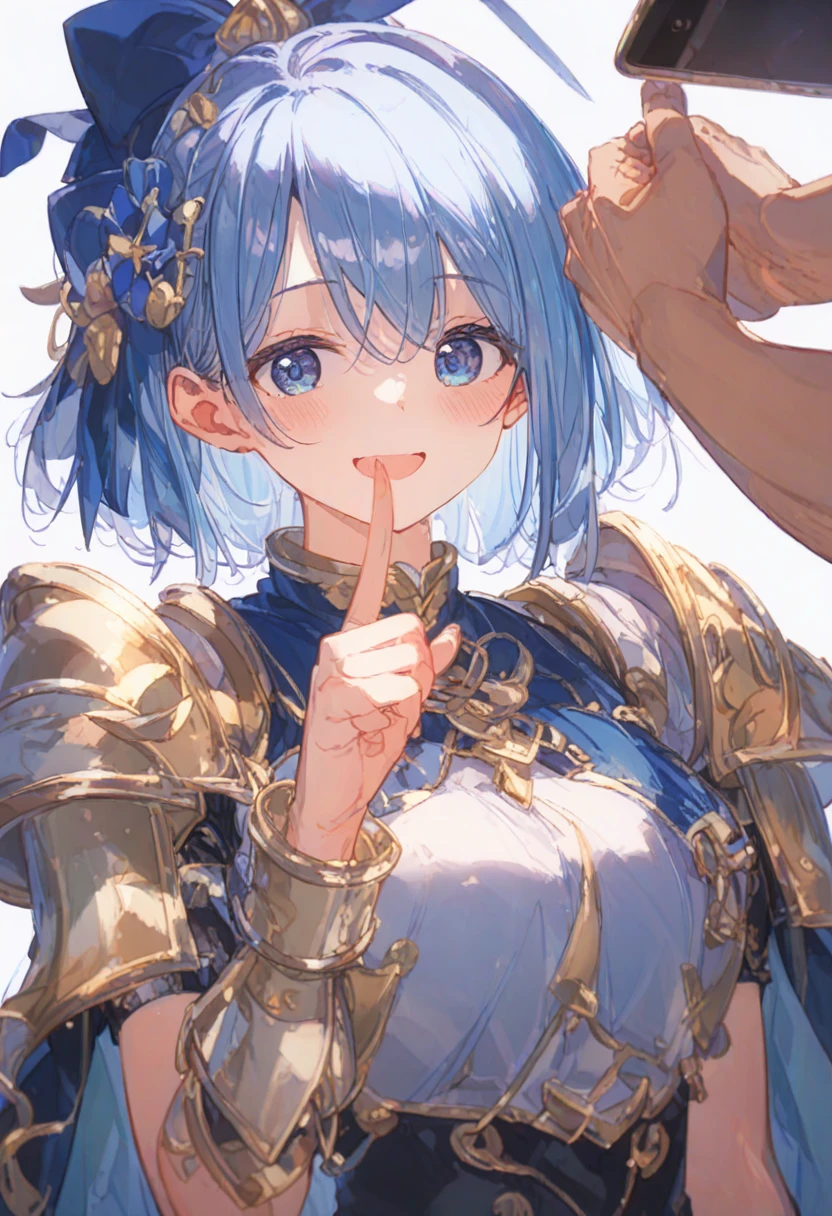 ((masterpiece、Highest quality))woman、cute、Idol、Light blue skirt、Light blue hair、Short Bob、Bright Blue Eyes、Blue Ribbon、smile、Red cheeks、fan service、knight、白銀knight団、armor、armor、Swordsman