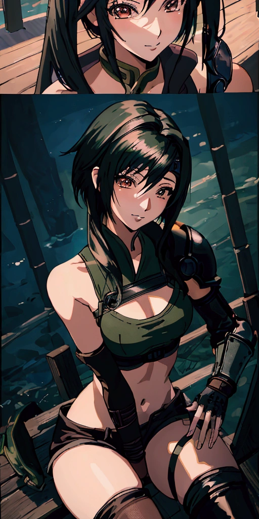 (((masterpiece))),((Highest quality、masterpiece、anime style、best quality、high resolution、8k、detailed、ultra-detailed:1.3)),Beautiful woman,((yuffie kisaragi,Black Hair、Shortcuts:1.3)), headband, green crop top, shoulder armor, armguard, fingerless gloves, tan shorts, single thighhigh, fishnets, upper body, looking at viewer, furrowed brow, smug smile, closed mouth, grass, bamboo, sky,sexy pose