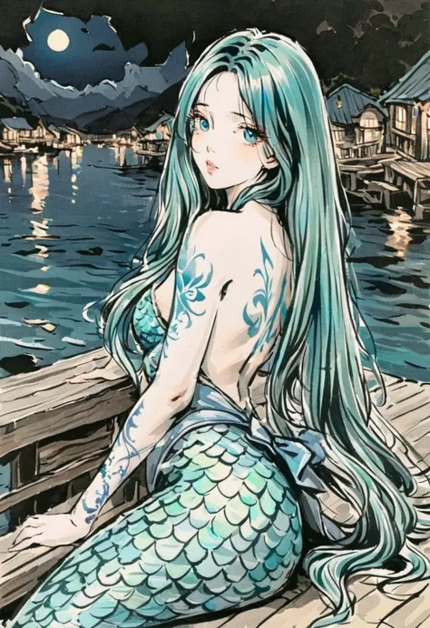 a mermaid ,expressive eyes, very long hair lagoon color, tattoo on a large part of the body ,armed with a bow, in the center of ...