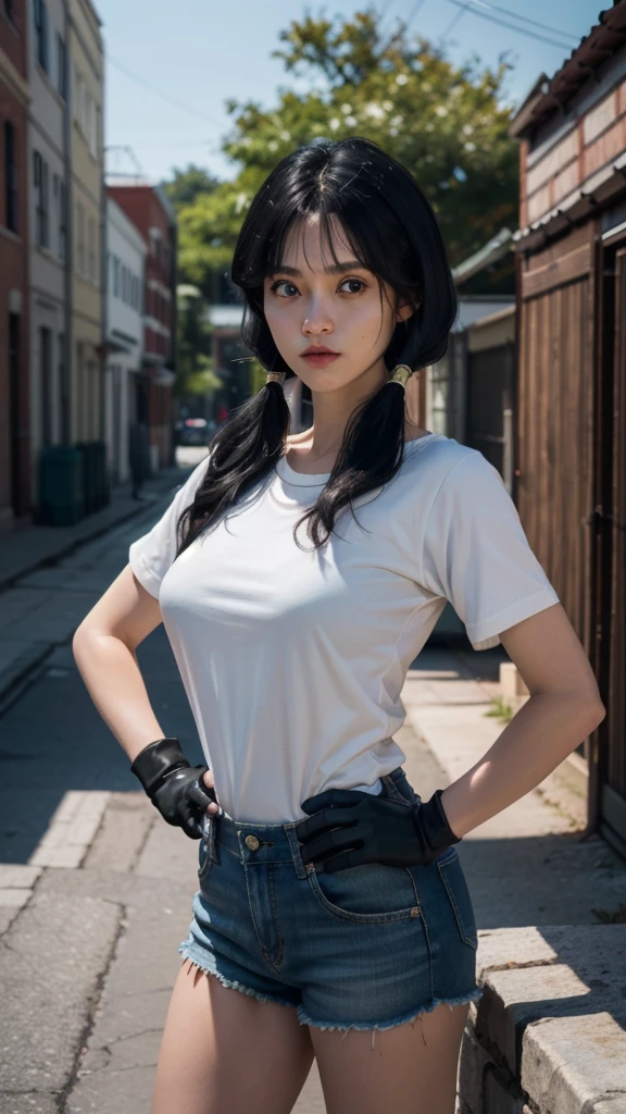 masterpiece, best quality, highres, videl2, solo, blue eyes, black hair, twintails, black gloves, bike_shorts,large breasts, bangs, white shirt, badge, medium breasts, cowboy shot, frown, hand on hip, leaning forward, pointing at viewer, (insanely detailed, beautiful detailed face,(light on face, sunny), masterpiece, best quality) cinematic lighting, (photo realistic:1.4), (hyper realistic:1.4), (realistic:1.3), (smoother lighting:1.05), (increase cinematic lighting quality:0.9), 32K, perfect hands