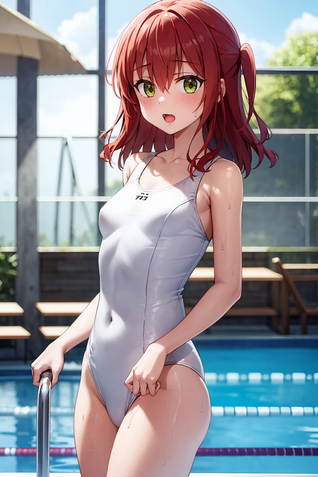 room, 1 girl, of the highest quality, ultra high resolution, by the wide, redhead, green eyes,Looking at the audience, small breasts , shy face、watery eye, open the mouth、cowboy shot、shiny swimsuit、white swimsuit, pool