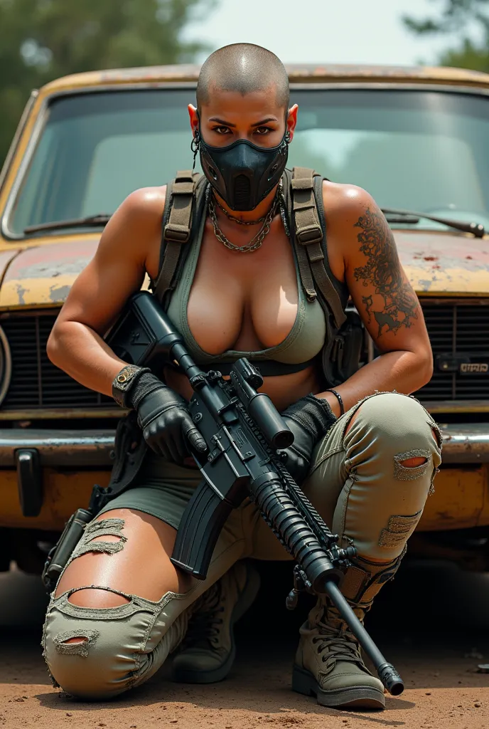 Amber Rose shaved head (very big size breasts 1.8) very small waist, very wide hips, combat pants, ripped combat shirt, face shield, bloody sweat stains, AR-15 gun, kneeling on ome knee behind old parked car