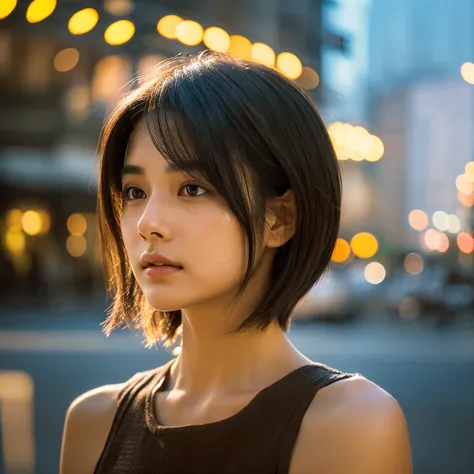 a hyper-realistic image of a single japanese woman in her early 20s, captured from the shoulders up with the nostalgic warmth an...