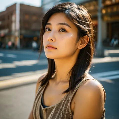 a hyper-realistic image of a single japanese woman in her early 20s, captured from the shoulders up with the nostalgic warmth an...