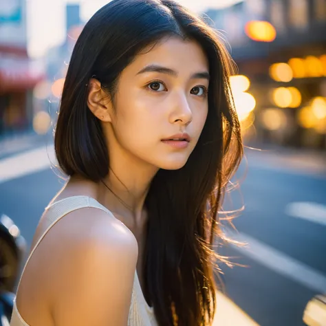 a hyper-realistic image of a single japanese woman in her early 20s, captured from the shoulders up with the nostalgic warmth an...