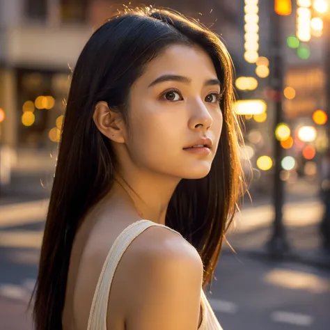 a hyper-realistic image of a single japanese woman in her early 20s, captured from the shoulders up with the nostalgic warmth an...