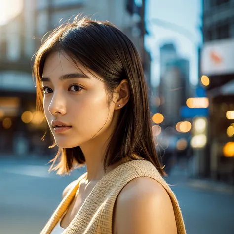 a hyper-realistic image of a single japanese woman in her early 20s, captured from the shoulders up with the nostalgic warmth an...