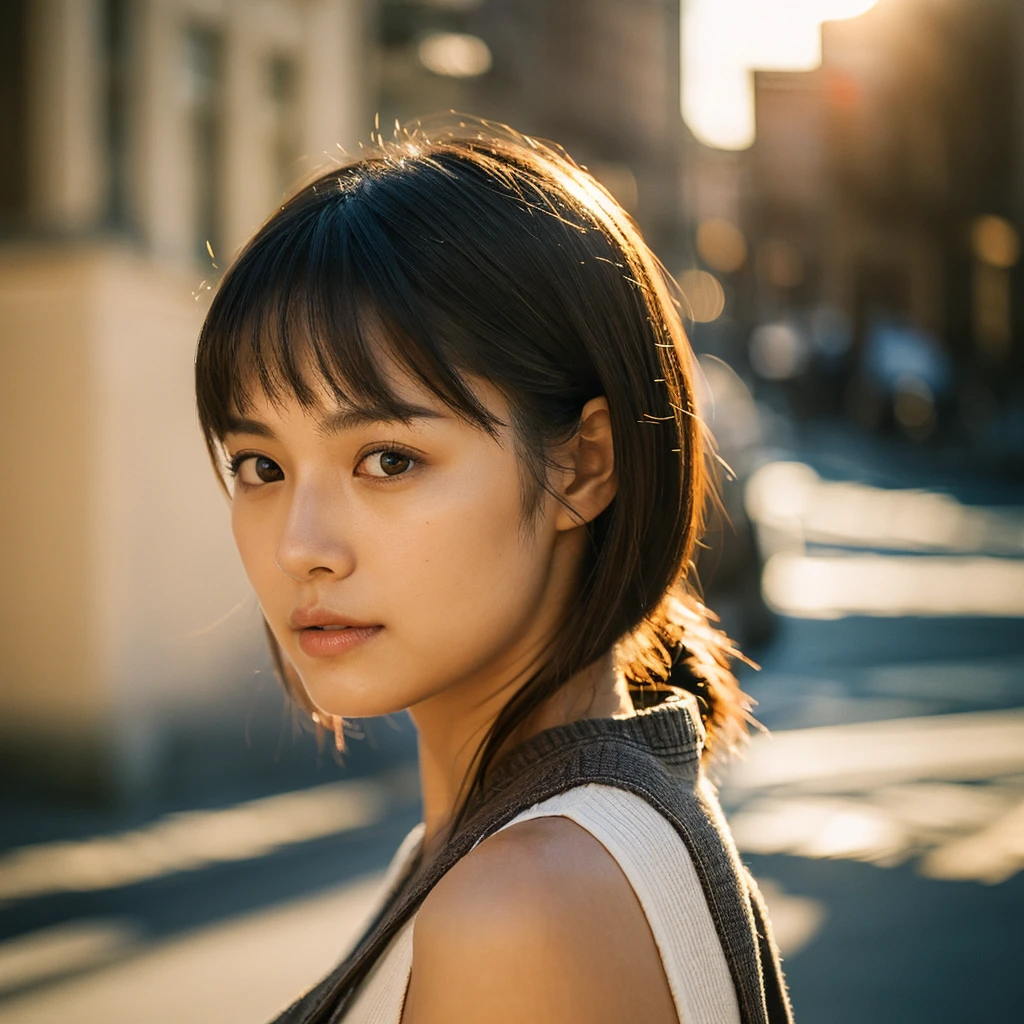 A hyper-realistic image of a single Japanese woman in her early 20s, captured from the shoulders up with the nostalgic warmth and subtle graininess of a film camera. She stands against the backdrop of a bustling city street, where soft, diffused natural light filters through buildings, casting intricate patterns of light and shadow across her face and shoulders. Her skin has a warm beige tone with a textured, realistic appearance, showing visible pores, fine lines, and natural imperfections like slight unevenness and small blemishes, adding to the authenticity of her appearance. Her straight, glossy black hair is slightly tousled, falling naturally around her shoulders, with strands catching the light. Her deep brown eyes reflect the ambient city lights, adding depth and emotion, while areas of her face are gently shadowed, highlighting the natural contours of her cheeks and jawline. The film camera effect introduces a slight grain and a softer focus, blending her figure into the warm, nostalgic urban atmosphere while maintaining the realistic texture of her skin. She is wearing a light, sleeveless summer top, with bare shoulders that subtly catch the natural light, emphasizing the season's warmth and her understated elegance. The interplay of light and shadow on her face and shoulders creates a dynamic, lifelike effect, making the image feel both authentic and captivating.