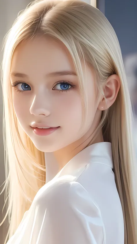 portrait、school uniform、bright expression、ponytail、young, lustrous, glowing, white skin、the best beauty、blonde reflection、platin...