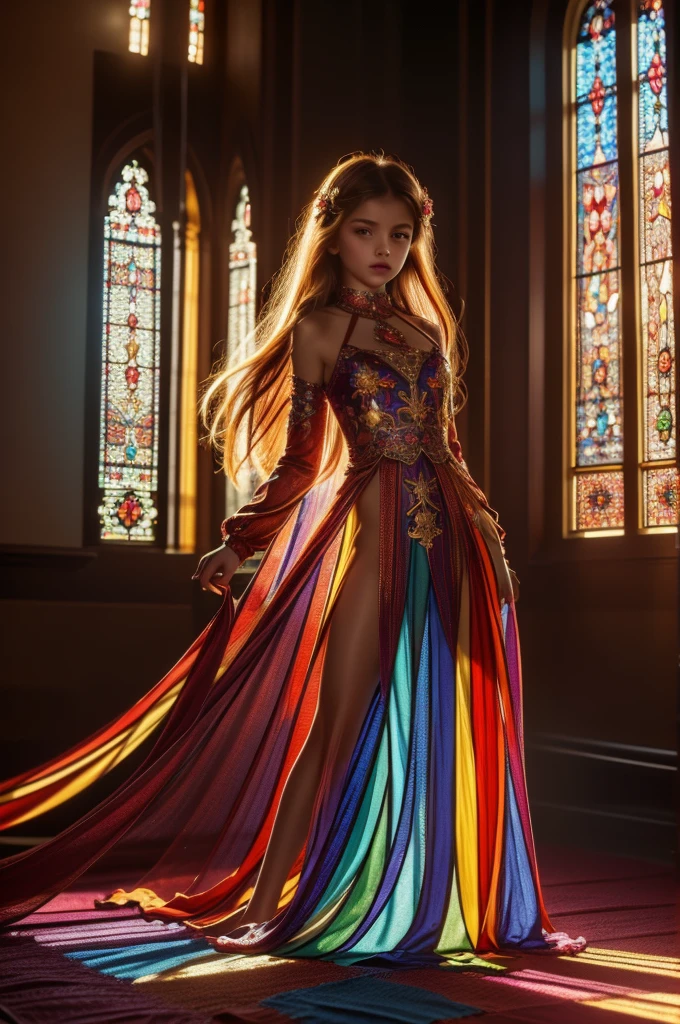 (masterpiece, top quality, Best Quality, official art, beautiful and aesthetic:1.2), 1 girl, age 13, russian, young, full body, stained glass art, colored glass, lead lines, light transmission BREAK vibrant colors, intricate designs, Lighting effects, spiritual environment, sheer dress, skirtliftfront