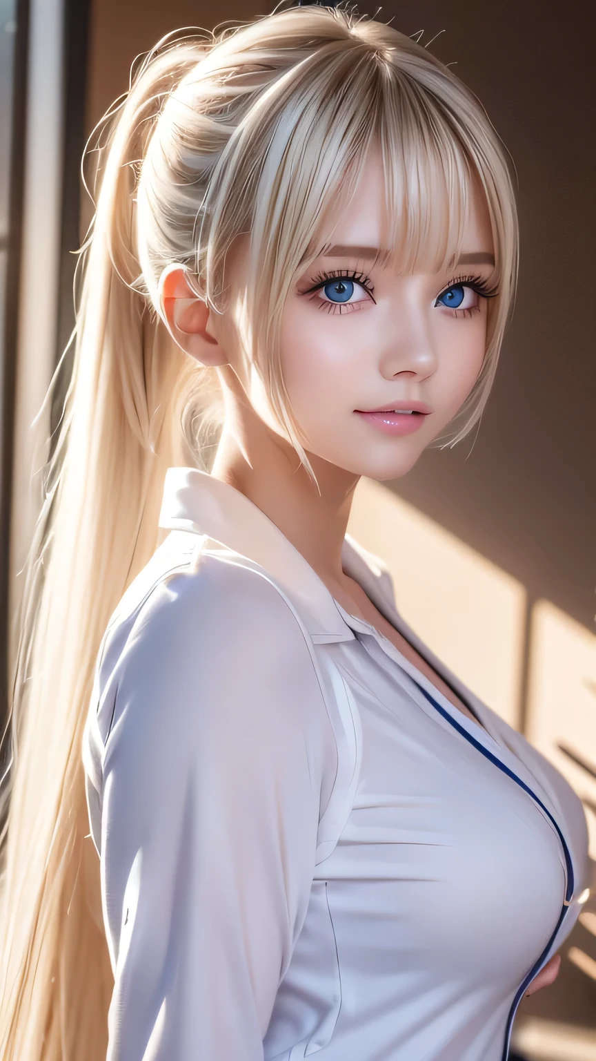 Portrait、School uniform、Bright expression、ponytail、Young, lustrous, glowing, white skin、The best beauty、Blonde reflection、Platinum blonde hair with dazzling highlights、Shiny bright hair,、super long silky super long straight hair、Shiny beautiful bangs、Sparkling, translucent, captivating, large blue eyes、Very beautiful lovely cute girl、Ample Bust