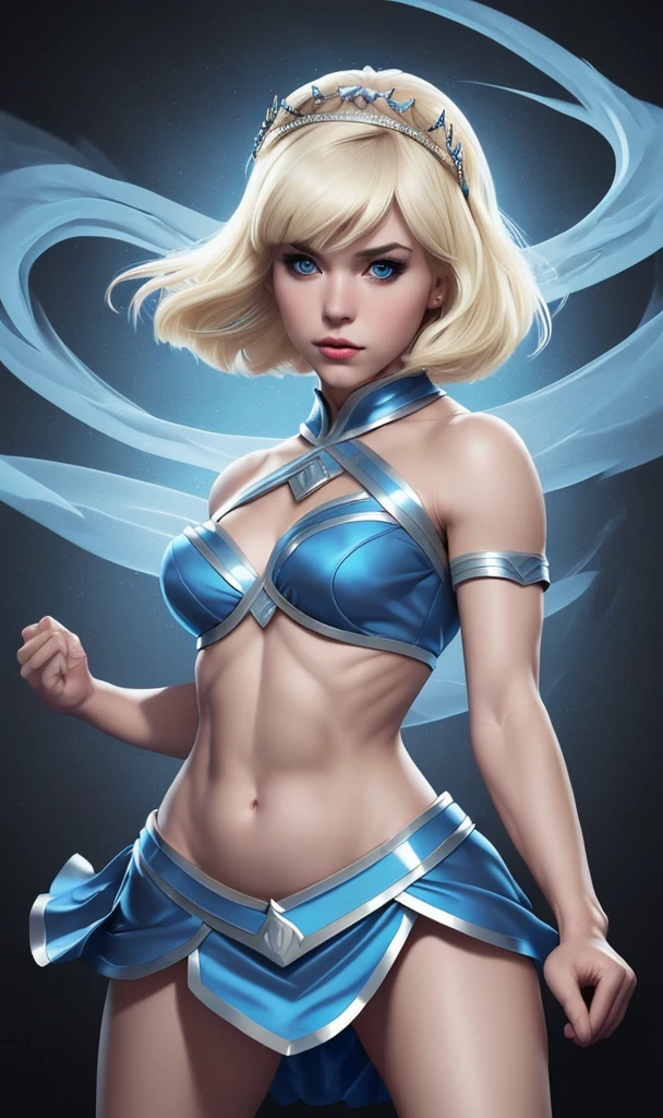 blonde boy, Linda, blue colored eyes, short blonde hair with bangs, black tiara, belly, she wears a flowing mini skirt, fully body, Dynamic pose style (artgerm)