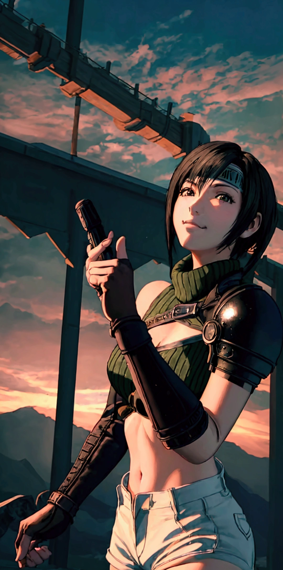 (((masterpiece))),((Highest quality、masterpiece、anime style、best quality、high resolution、8k、detailed、ultra-detailed:1.3)),(((Beautiful one woman:1.3))),((yuffie kisaragi,Black Hair、Shortcuts:1.3)), headband, green crop top, shoulder armor, armguard, fingerless gloves, tan shorts, single thighhigh, fishnets, upper body, looking at viewer, furrowed brow, smug smile, closed mouth, grass, bamboo, sky,sexy pose