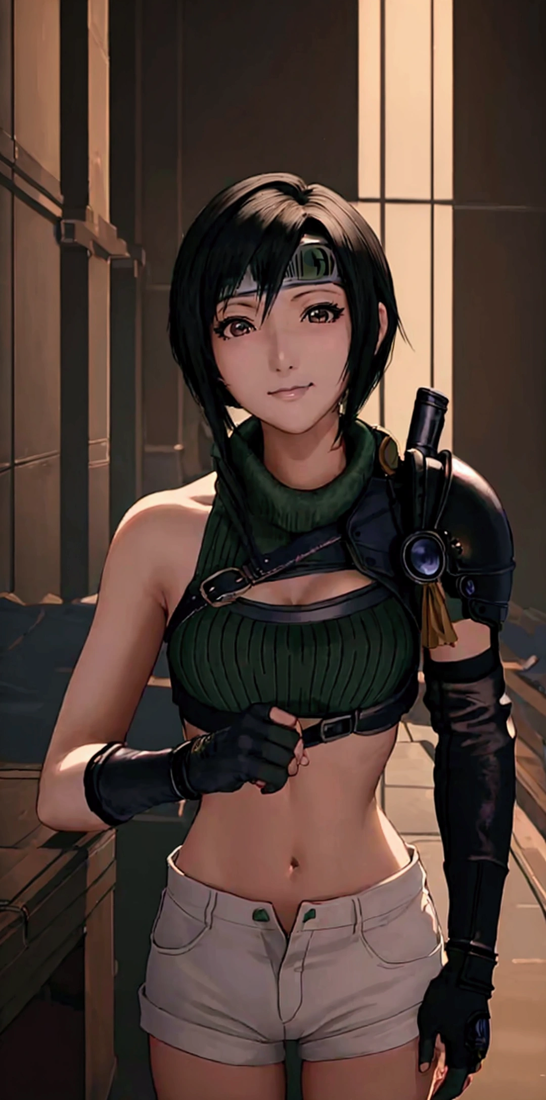 (((masterpiece))),((Highest quality、masterpiece、anime style、best quality、high resolution、8k、detailed、ultra-detailed:1.3)),(((Beautiful one woman:1.3))),((yuffie kisaragi,Black Hair、Shortcuts:1.3)), headband, green crop top, shoulder armor, armguard, fingerless gloves, tan shorts, single thighhigh, fishnets, upper body, looking at viewer, furrowed brow, smug smile, closed mouth, grass, bamboo, sky,sexy pose