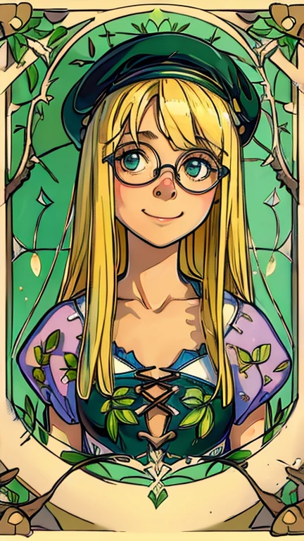 (1girl, solo, highly insanely detailed, masterpiece, top quality, best quality, highres, 4k, 8k, RAW photo),((innocent look)),((Childish)),From the front, symmetrical composition,smile,cute,Innocent,Kind eyes,Flat chest,ArsMJStyle, Art Nouveau Style, forest, vines, (Penny_crayon), (glasses
blonde_hair,
beret)
(v1nedr3ss)