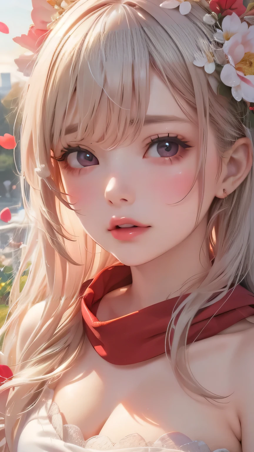 Vista, panoramic, view, Depth of Field, broken, Upper Body, Movie Angle, masterpiece, best quality, Very detailed, CG, 8k wallpaper, Pretty Face, Exquisite eyes, A girl, Solitary, Smile, Silver Hair, Golden Eyes, White skin, hair, red scarf, White evening gown, Rose田, Red flowers, Rose, Flower Field, petal, Flying petal, Smile