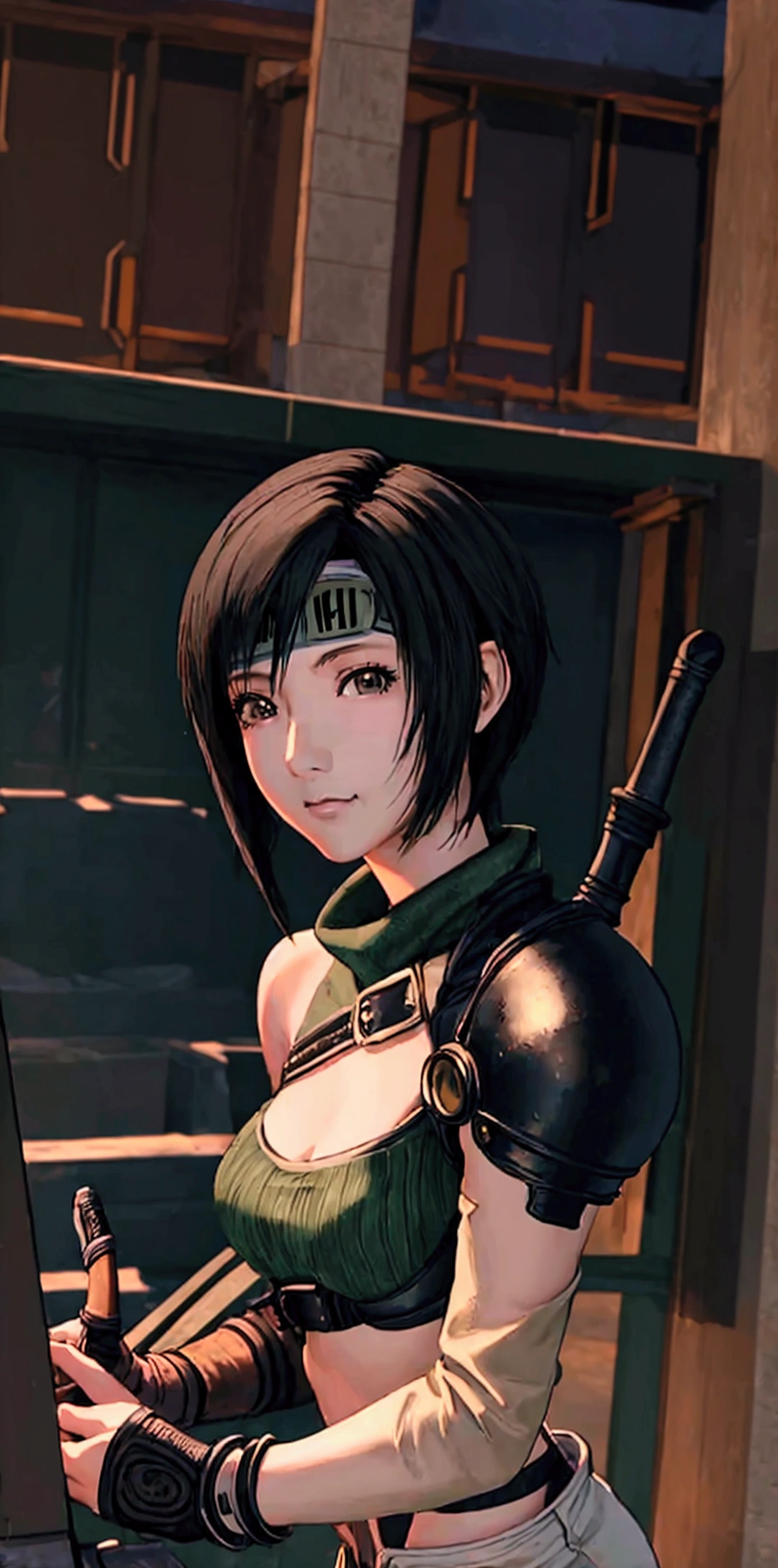 (((masterpiece))),((Highest quality、masterpiece、anime style、best quality、high resolution、8k、detailed、ultra-detailed:1.3)),(((Beautiful one woman:1.3))),((yuffie kisaragi,Black Hair、Shortcuts:1.3)), headband, green crop top, shoulder armor, armguard, fingerless gloves, tan shorts, single thighhigh, fishnets, upper body, looking at viewer, furrowed brow, smug smile, closed mouth, grass, bamboo, sky,sexy pose