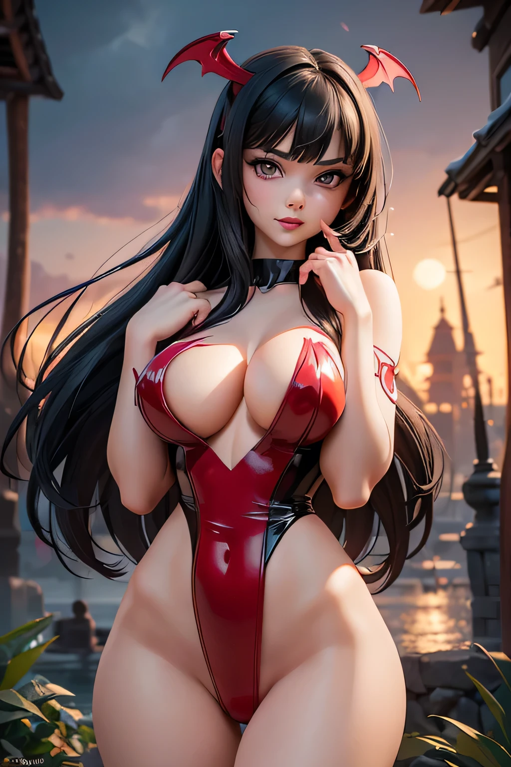 Create an image of (((fully body: 1.5))), high quality and extremely professional with the typical hentai manga illustration trend of artist Masahiro, using 8K resolution. The scene should be lit with a soft twilight light., providing a mystical and intriguing atmosphere. Use high-quality textures and realistic shadows for a stunning visual effect. Render the image with the Octane graphics engine in 3D Max or Blender to achieve a higher level of detail and realism. Image physics should have a balanced balance of black and white and use rendering sources for a polished finish. The image must be captured by the best current camera, uma Canon EOS R6 Mark II com lente RF 24-105mm f/4L IS USM, to ensure maximum sharpness and clarity. Model Description: ((julia paes: 1.5)), kor: 1 Eyes: symmetrical, big teats, with long eyelashes ((Hair of various shapes and colors: 1,5)), gura: with lipstick, Soft Makeup Skin: soft, with small discolored hairs Body: medium breasts, Waist slender, medium hip, heart shaped buttocks Style: Body trend Brazilian woman, ((She is dressed in vampirella cosplay: 1.5)), (Pose: Sensual looking at the camera with her sensual eyes: 1.5), with mouth slightly open and a sensual pose, ((Scenario : The background should be an outdoor environment rich in detail and include iconic places in nature. : 1.5)), but stylized so as not to overwhelm the model&#39;s attention. The environment should complement the twilight lighting and add depth to the composition..