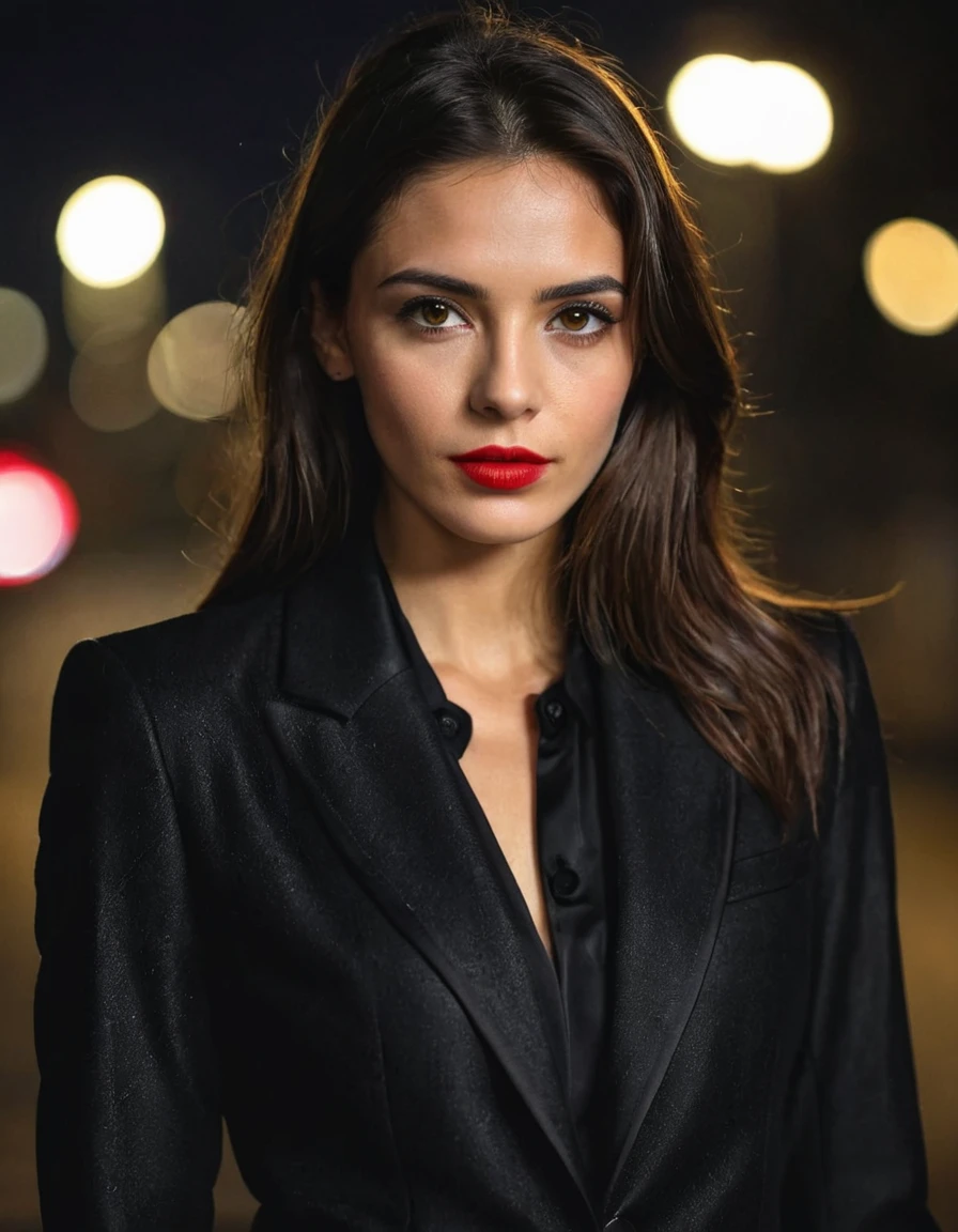 dark and gloomy, 8k, Close-up photo of a 30s brunette Brazilian businesswoman on dark background at night, (Realistic dark brown hair, straight and with light waves.) , make up, Red lips, Brown eyes, (wearing a black chanel tailored jacket, Black silk blouse and black straight tailored trousers), looking with confidence, Hyper realistic, {A girl with extremely beautiful olive skin},  (very detailed skin: 1.2) {{{masterpiece}}}, realistic texture, dynamic composition, Fujifilm XT2, 85mm F1.2, shutter speed 1/80, (bokeh), high contrast, chest, chest grande, neckline