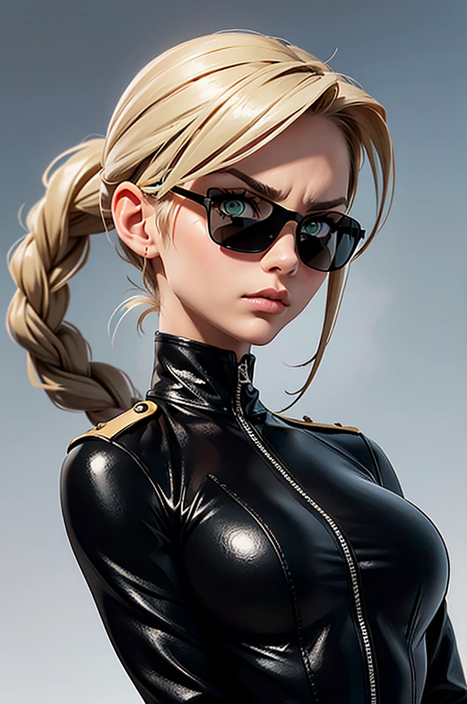 A 3 woman with striking green eyes, partially hidden behind sleek, black aviator sunglasses, and long, dark blonde hair tied into a neat braid. Her slightly tanned skin and sharp, disciplined facial features give her a serious and determined look, with an undercurrent of intensity. Visible tattoos and scars on her arms indicate a history of battles and a life of discipline. She is dressed in a sleek, black leather military-style bodysuit that is both practical and functional, tailored to emphasize her athletic build while maintaining a strict, authoritative appearance. Over the bodysuit, she wears a fitted black leather jacket, adding to her tough, commanding presence. The bodysuit features a high collar, long sleeves, and a structured, tactical design with details such as epaulettes, utility pockets, and a fitted silhouette that reaches mid-thigh. High-quality, sturdy black leather combat boots rise to mid-calf, completing her military-inspired look. Her posture is straight and commanding, exuding confidence and a hint of controlled intensity, reminiscent of a military officer with a strict, focused mindset. Her sunglasses add a layer of mystery and intimidation. The background is a quiet, deserted city street at dawn, with soft, natural lighting that highlights her sharp features, the matte texture of her uniform, and the glossy finish of her jacket, reinforcing the overall sense of military authority, precision, and restrained power.