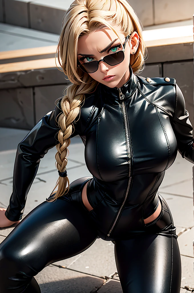 A 3 woman with striking green eyes, partially hidden behind sleek, black aviator sunglasses, and long, dark blonde hair tied into a neat braid. Her slightly tanned skin and sharp, disciplined facial features give her a serious and determined look, with an undercurrent of intensity. Visible tattoos and scars on her arms indicate a history of battles and a life of discipline. She is dressed in a sleek, black leather military-style bodysuit that is both practical and functional, tailored to emphasize her athletic build while maintaining a strict, authoritative appearance. Over the bodysuit, she wears a fitted black leather jacket, adding to her tough, commanding presence. The bodysuit features a high collar, long sleeves, and a structured, tactical design with details such as epaulettes, utility pockets, and a fitted silhouette that reaches mid-thigh. High-quality, sturdy black leather combat boots rise to mid-calf, completing her military-inspired look. Her posture is straight and commanding, exuding confidence and a hint of controlled intensity, reminiscent of a military officer with a strict, focused mindset. Her sunglasses add a layer of mystery and intimidation. The background is a quiet, deserted city street at dawn, with soft, natural lighting that highlights her sharp features, the matte texture of her uniform, and the glossy finish of her jacket, reinforcing the overall sense of military authority, precision, and restrained power.